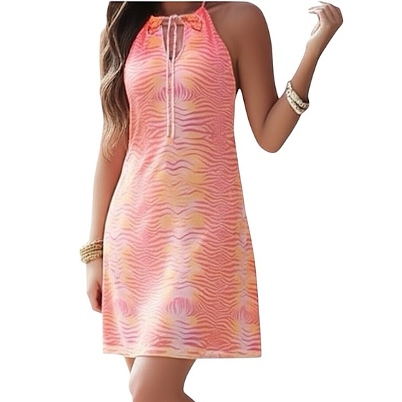 Guess Dresses & Skirts - Y2K GUESS Animal Print Split Neck Mini Dress Sunset Orange Pink S Cocktail Party